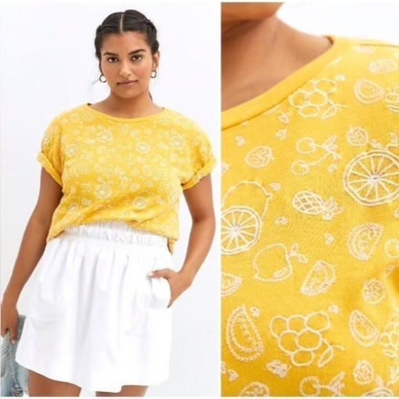 NWT new large Anthropologie embroidered short sleeve sweatshirt top yellow lemon - Picture 1 of 14